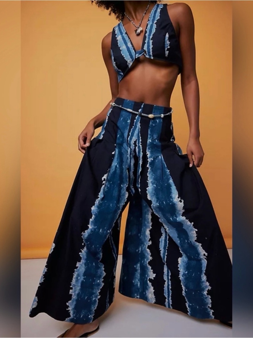 FREE PEOPLE X HOUSE OF AAMA Indigo Nights Super Wide Leg Pants Size 8 VGUC
